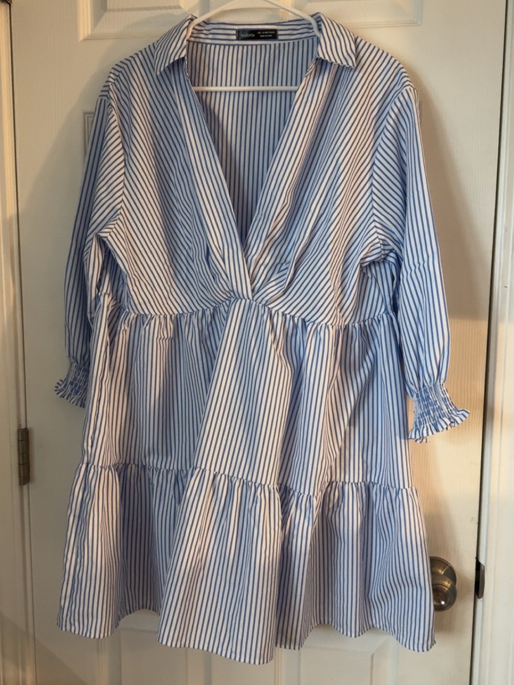 Boohoo Blue & White Vertical Stripe V-Neck Tiered Long Sleeve Dress